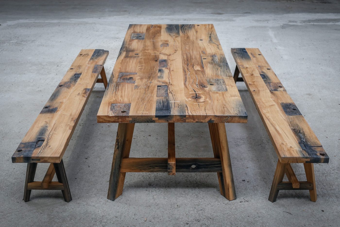 Jan Hendzel Studio black canal gate oak table and benches