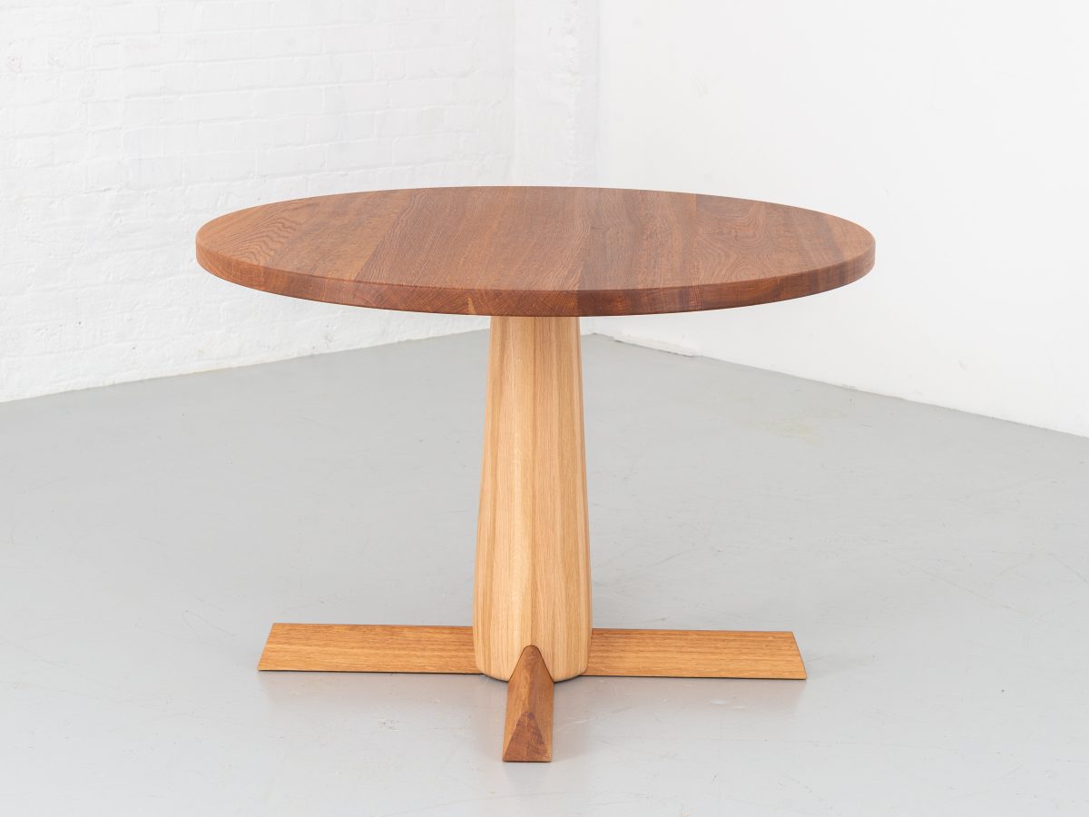 Ruston Round dining table with a Brown Oak table top and turned Oak leg, seats 4 people