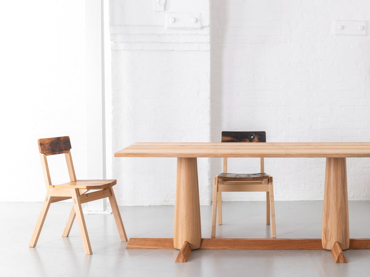 Ruston refectory dining table made from English Oak and London Plane timber, seats 4 - 6 people, turned cylindrical legs solid wood legs