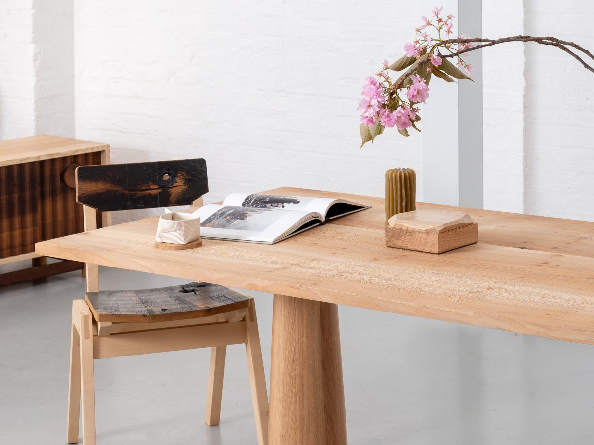 Ruston refectory dining table made from English Oak and London Plane timber, seats 4 - 6 people, turned cylindrical legs solid wood legs
